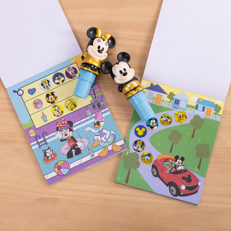 A playroom scene with The Melissa & Doug Sticker WOW! Disney Special Edition Pack with Mickey & Minnie Stampers and 900 Stickers - Ages 3+