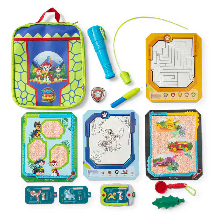 The loose pieces of The Melissa & Doug PAW Patrol Dino Adventure Water WOW! and Role Play Set in Take-Along Case - For Ages 3+
