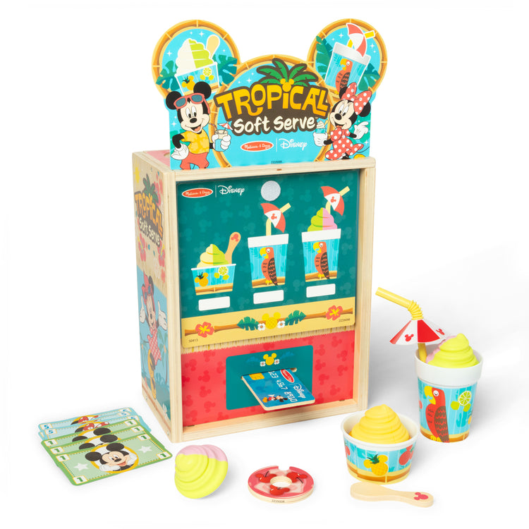 The loose pieces of The Disney Tropical Soft Serve Ice Cream Wooden Play Food Set – 23 Pieces | Mickey Mouse, Minnie, Wooden Toy for Boys and for Girls 3+