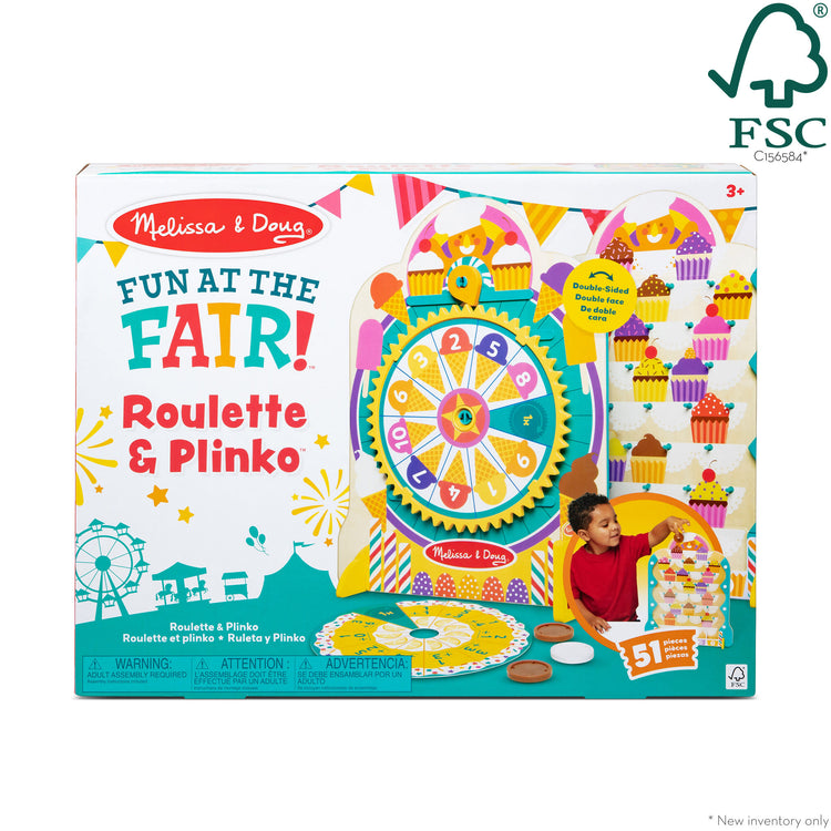 The front of the box for The Melissa & Doug Fun at the Fair! Wooden Double-Sided Roulette & Plinko Games