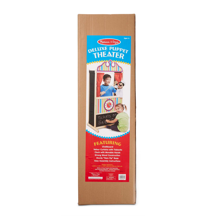 The front of the box for The Melissa & Doug Deluxe Puppet Theater - Sturdy Wooden Construction