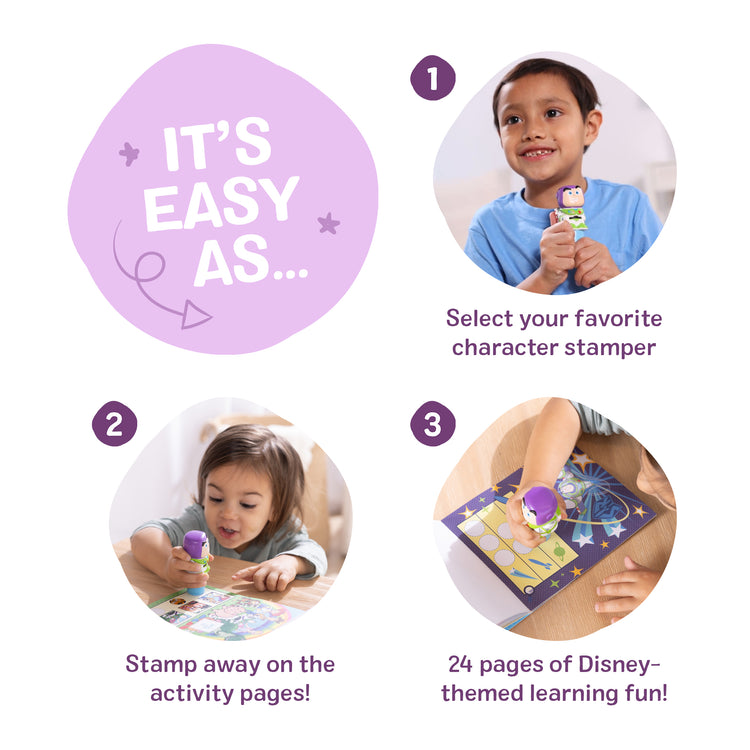 The loose pieces of The Melissa & Doug Sticker Wow!™ Disney Buzz Lightyear Bundle: 24-Page Activity Book, Refillable Sticker Stamper, Mini Pad, 500 Stickers, Arts and Crafts for Kids Ages 3+