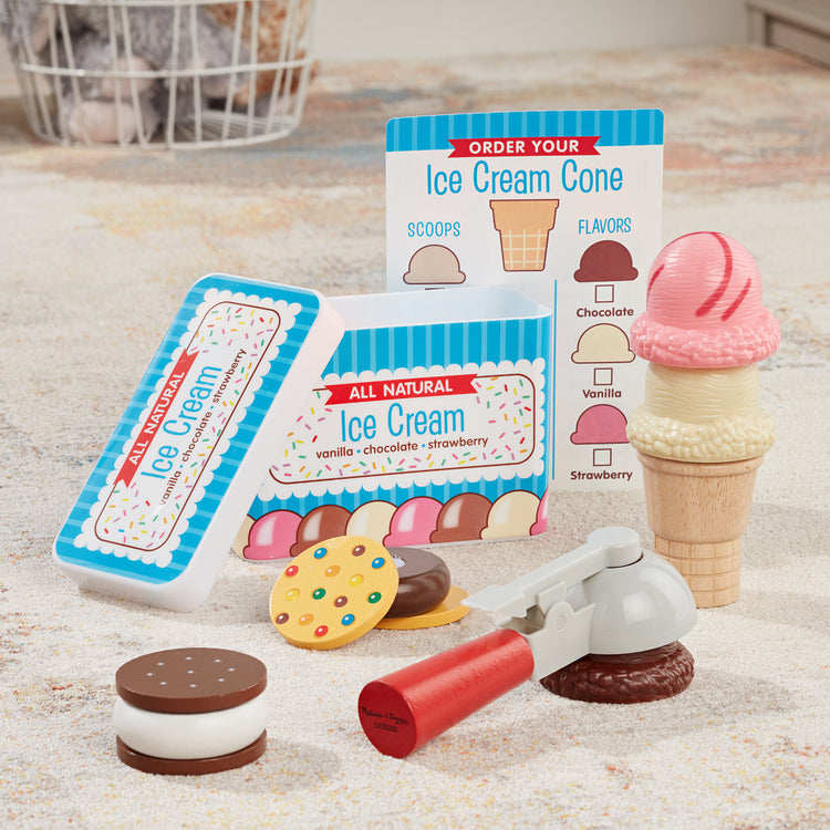 A playroom scene with The Melissa & Doug Scoops and Sandwiches 13-Piece Ice Cream Play Food Set