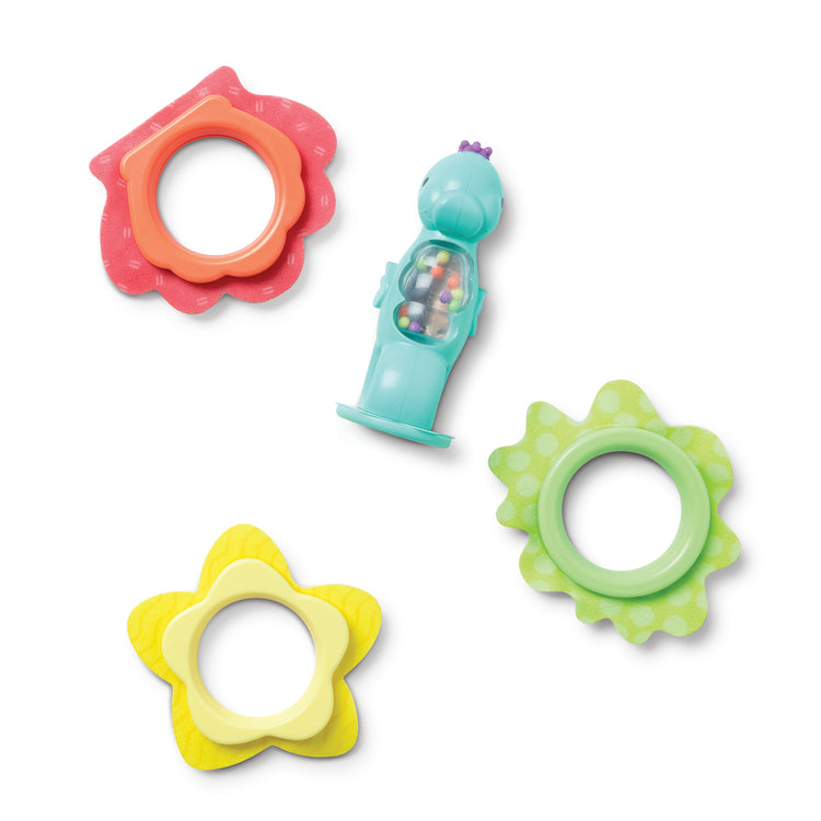 The loose pieces of The Melissa & Doug Ocean Waves Press & Stack Seahorse Stacking Toy with 3 Sensory Rings - Rattle for Babies 10 Months+