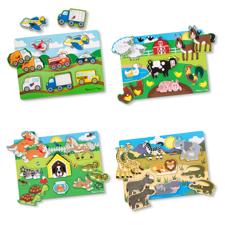 The loose pieces of The Melissa & Doug Wooden Peg Puzzle 4-Pack for Toddler and Preschool Boys and Girls – Vehicles, Farm, Safari, Pets