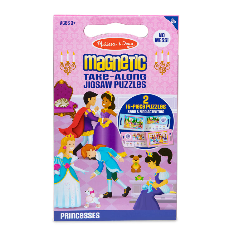 The front of the box for The Melissa & Doug Take-Along Magnetic Jigsaw Puzzles Travel Toy – Princesses (2 15-Piece Puzzles)