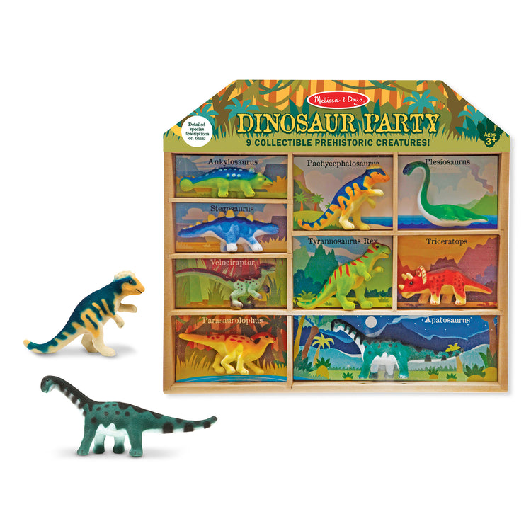 The loose pieces of The Melissa & Doug Dinosaur Party Play Set - 9 Collectible Miniature Dinosaurs in a Case