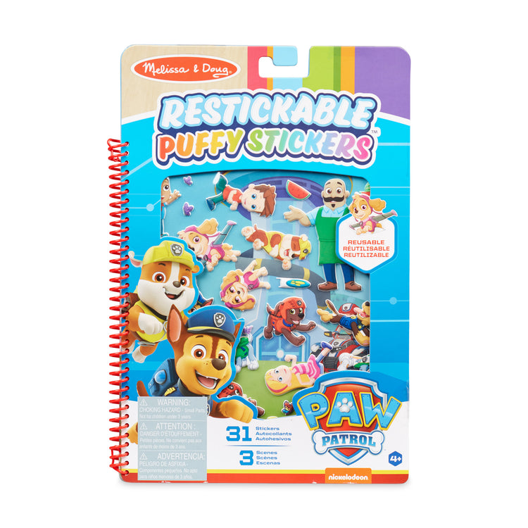 The front of the box for The Melissa & Doug PAW Patrol Restickable Puffy Stickers - Adventure Bay (31 Reusable Stickers)