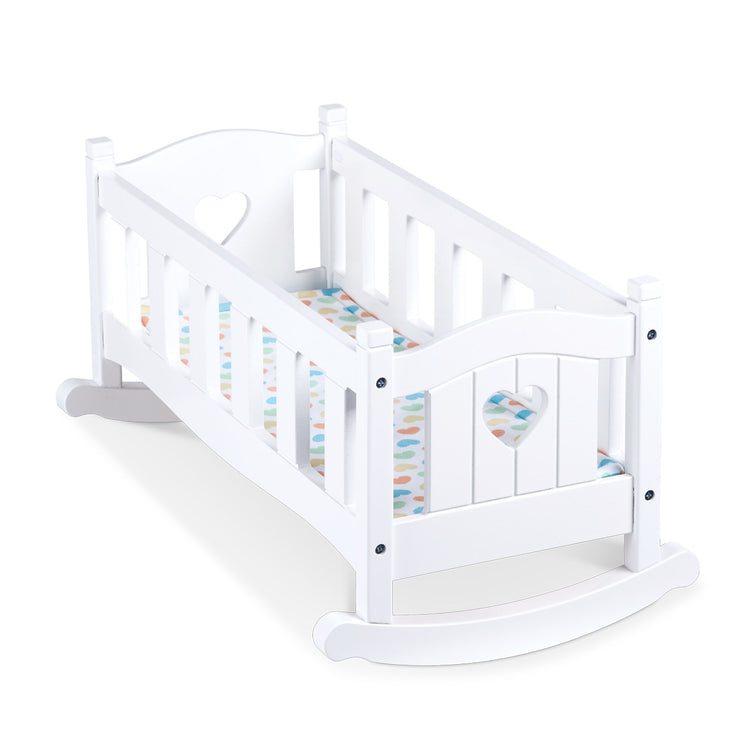 The loose pieces of The Melissa & Doug Mine to Love Wooden Play Cradle for Dolls, Stuffed Animals - White