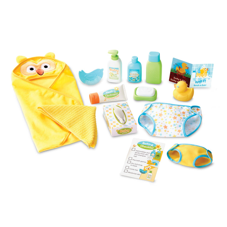 The loose pieces of The Melissa & Doug Mine to Love Changing & Bathtime Play Set for Dolls – Diapers, Pretend Shampoo,Wipes, Towel,  More (19 pcs)