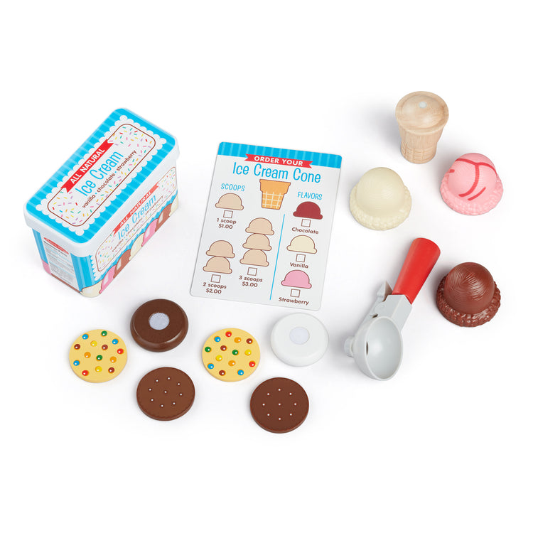 The loose pieces of The Melissa & Doug Scoops and Sandwiches 13-Piece Ice Cream Play Food Set