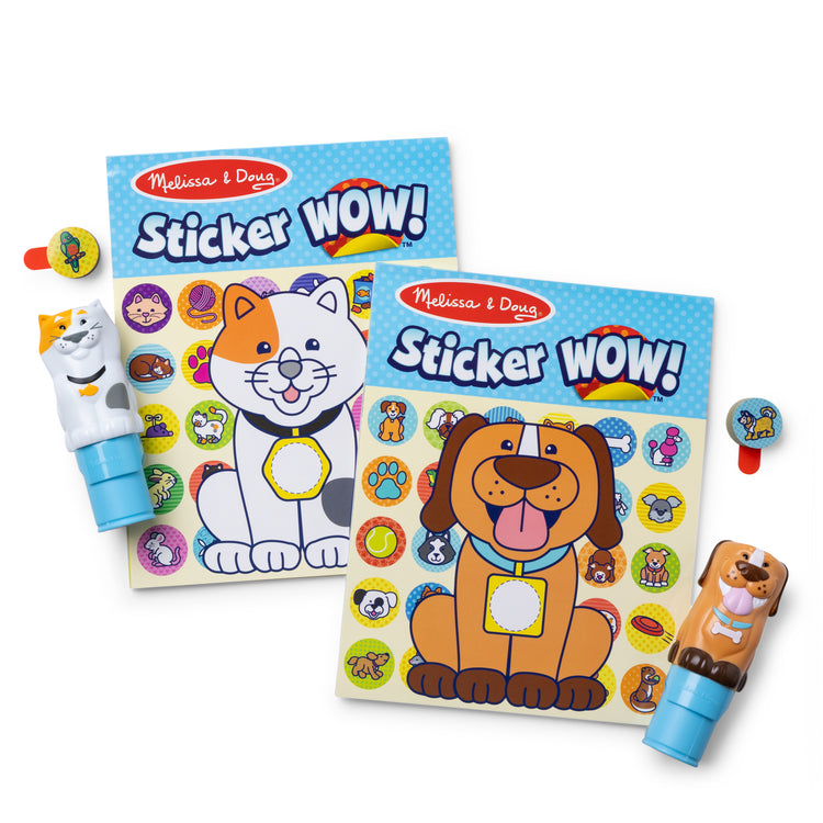 The loose pieces of The Melissa & Doug Sticker WOW!®  Pets (Dog and Cat) VALUE PACK Arts and Crafts Collectibles – 2 Activity Pads, 2 Sticker Stampers, 2 Bonus Sticker Stacks