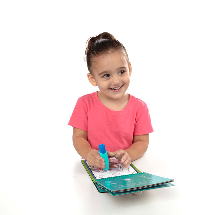 A child on white background with The Melissa & Doug On the Go Water Wow! Reusable Water-Reveal Activity Pad – Occupations