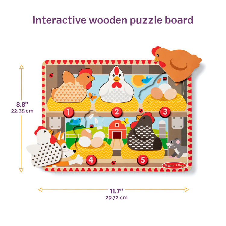 A playroom scene with The Melissa & Doug Happy Hens Push to Pop Wooden Puzzle, Montessori-Inspired Toddler Puzzles with Magnetic Pieces and Colorful Puzzle Board, Preschool Toys for Girls & Boys 18 months+