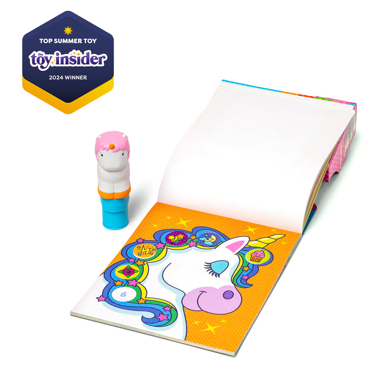 A kid playing with The Melissa & Doug Sticker WOW!™ 24-Page Activity Pad and Sticker Stamper, 300 Stickers, Arts and Crafts Fidget Toy Collectible Character – Unicorn