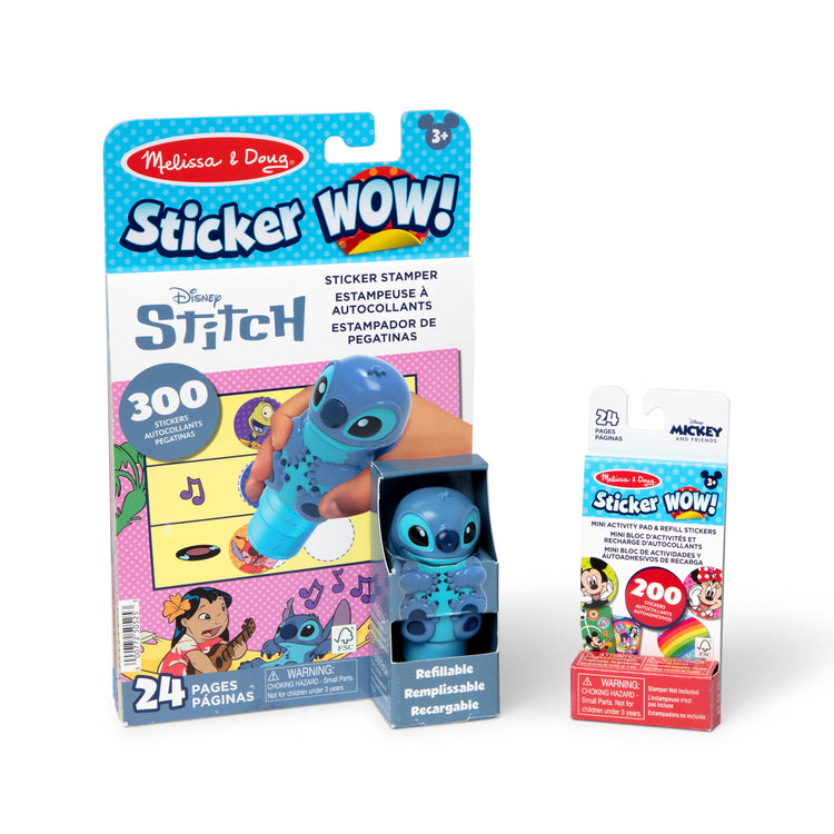 The loose pieces of The Melissa & Doug Sticker WOW! Disney Stitch Bundle with 2 Activity Pads and 500 Stickers - For Ages 3+