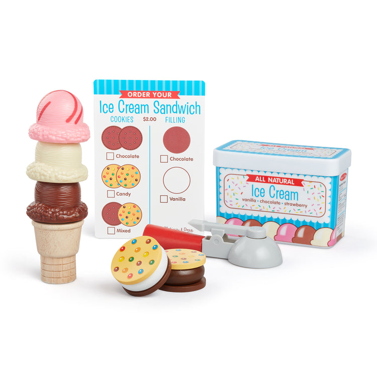The loose pieces of The Melissa & Doug Scoops and Sandwiches 13-Piece Ice Cream Play Food Set