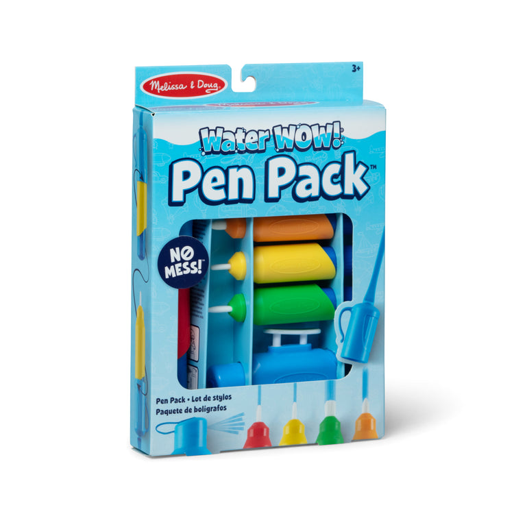 A kid playing with The Melissa & Doug Water WOW! Pen Pack - 4 Color-with-Water Pens, Sprayer, Tether Cap