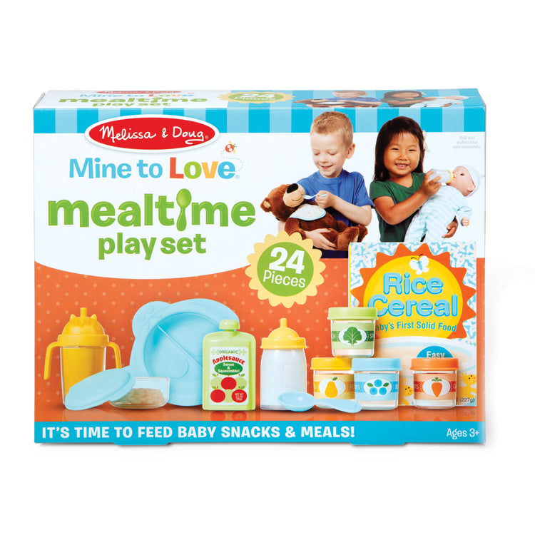 The front of the box for The Melissa & Doug Mine to Love Mealtime Play Set for Dolls with Bottle, Pretend Baby Food Jars, Snack Pouch, More (24 pcs)