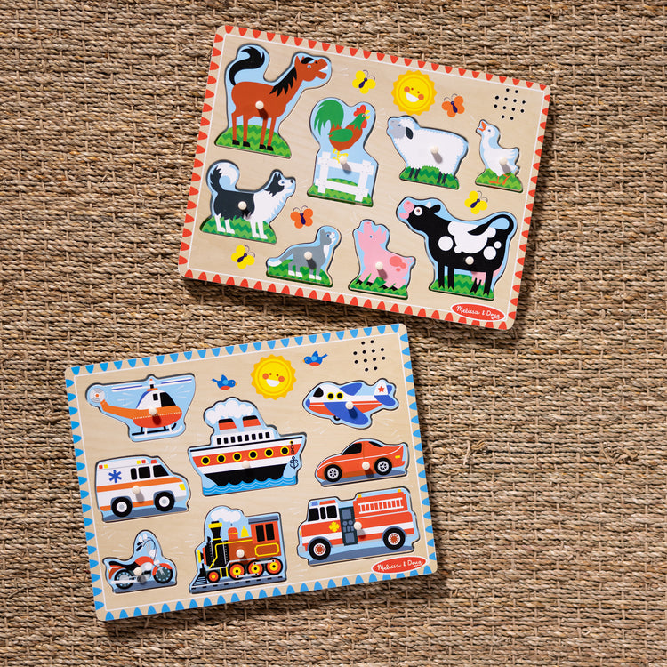 A playroom scene with The Melissa & Doug Wooden Sound Puzzle 2-Pack for Toddler and Preschool Boys and Girls – Farm Animals, Vehicles