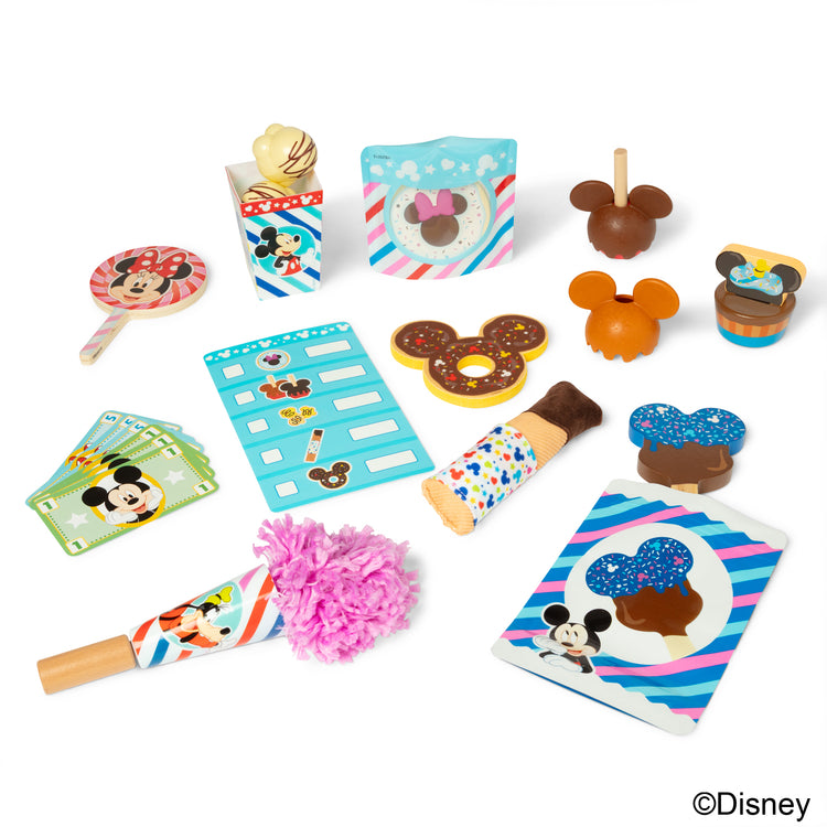 The loose pieces of The Melissa & Doug Disney Snacks & Popcorn Wooden Play Food Set – 24 Pieces | Mickey Mouse, Minnie, Wooden Toy for Boys and for Girls 3+