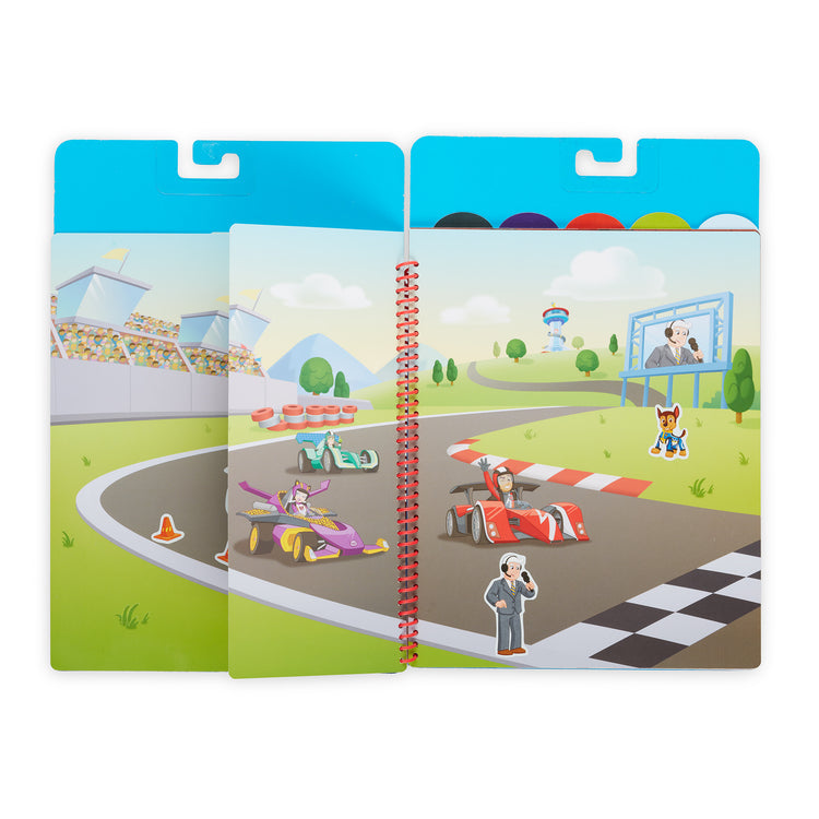 An assembled or decorated The Melissa & Doug PAW Patrol Restickable Stickers Flip-Flap Pad - Classic Missions (130 Reusable Stickers)