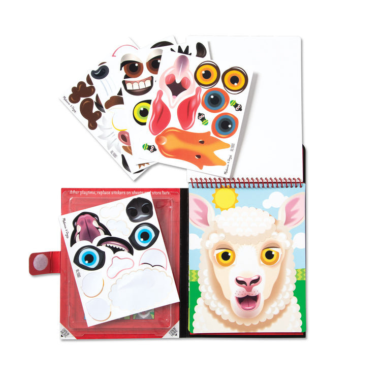 An assembled or decorated The Melissa & Doug On the Go Make-a-Face Reusable Sticker Pad Travel Toy Activity Book – Farm Animals (10 Scenes, 76 Cling Stickers)