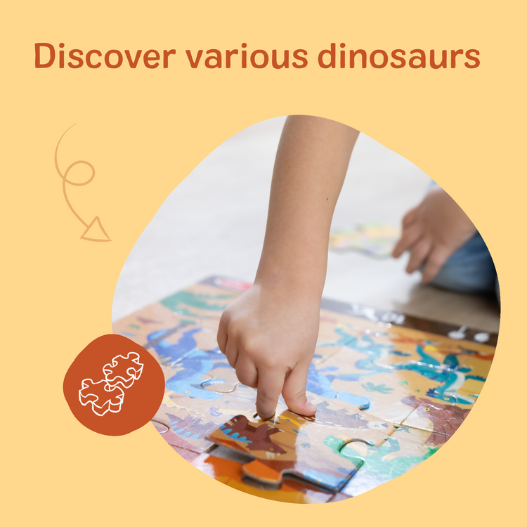 The front of the box for The Melissa & Doug Land of Dinosaurs, Dino-Themed Search and Find Jumbo Floor Puzzle, 48-Piece Jigsaw Puzzle with Learning Activity, Over 4 Ft Long, Kids Puzzles for Girls & Boys Ages 6+