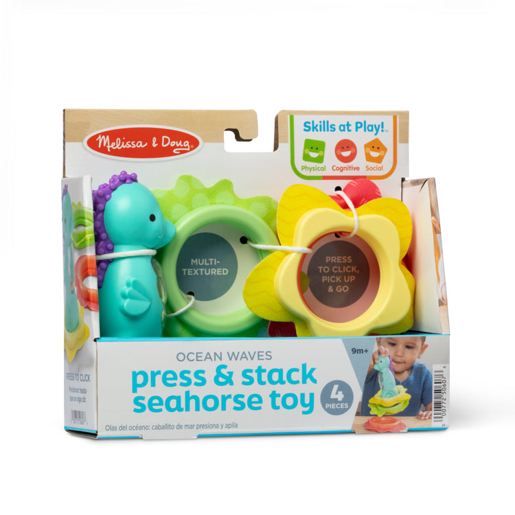 The front of the box for The Melissa & Doug Ocean Waves Press & Stack Seahorse Stacking Toy with 3 Sensory Rings - Rattle for Babies 10 Months+