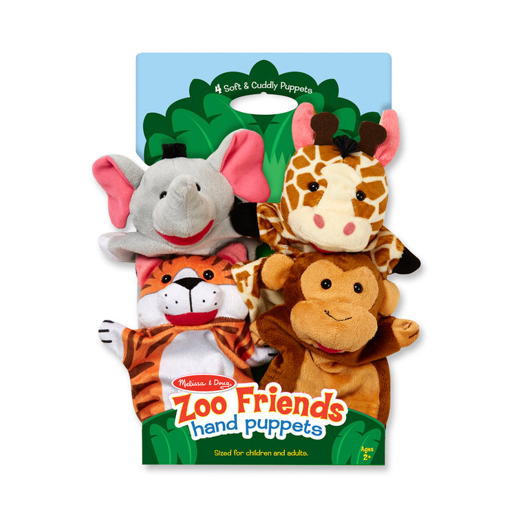 The front of the box for The Melissa & Doug Zoo Friends Hand Puppets (Set of 4) - Elephant, Giraffe, Tiger, and Monkey
