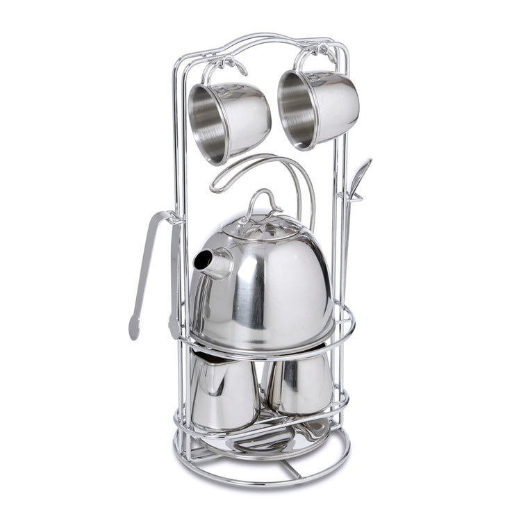The loose pieces of The Melissa & Doug Stainless Steel Pretend Play Tea Set with Storage Rack for Kids (11 pcs)