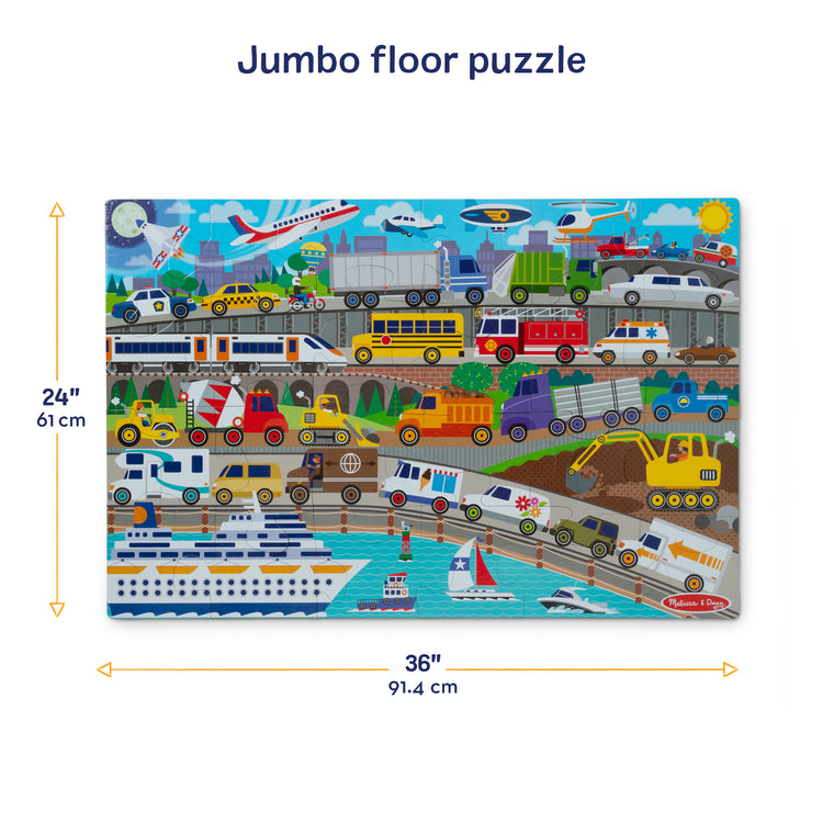 A kid playing with The Melissa & Doug Traffic Jam, City Vehicle Themed Jumbo Floor Puzzle, 24-Piece Jigsaw Puzzle with Multiple Vehicles, 3 x 2 Foot Toddler Puzzles for Kids Ages 3+