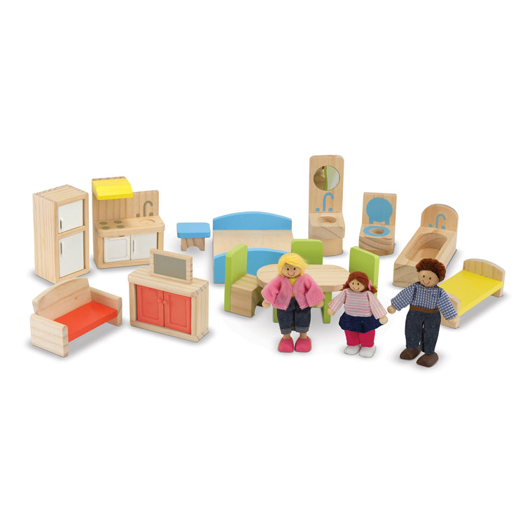 The loose pieces of The Melissa & Doug Wooden Hi-Rise Dollhouse With 15 Furniture Pieces, Garage, Working Elevator