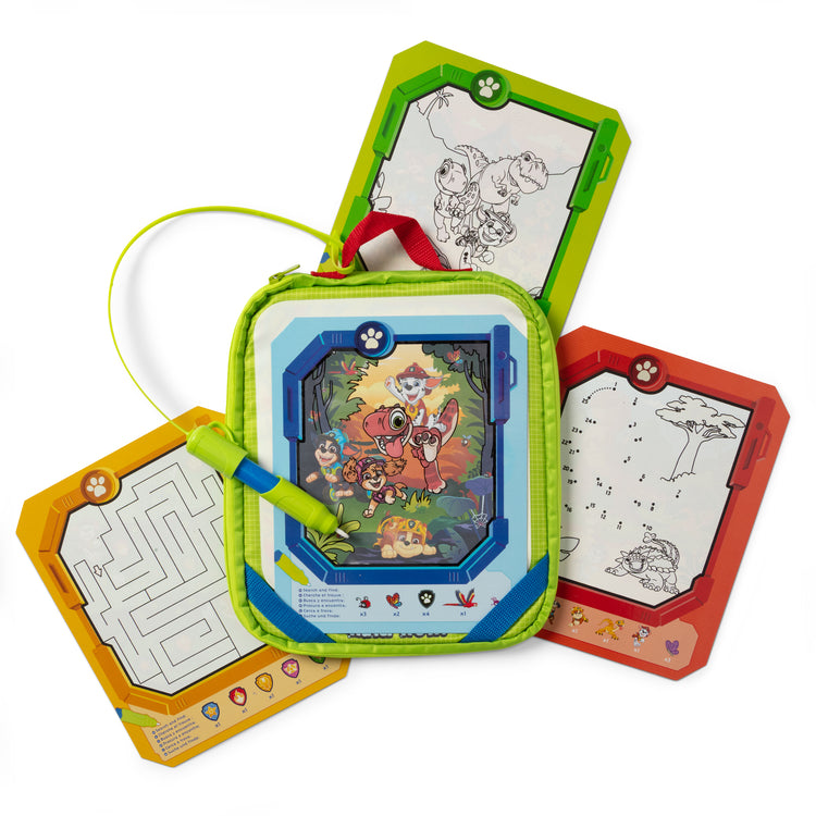 The loose pieces of The Melissa & Doug PAW Patrol Dino Adventure Water WOW! and Role Play Set in Take-Along Case - For Ages 3+