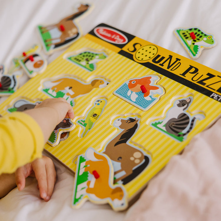 A kid playing with The Melissa & Doug Pets Sound Puzzle - Wooden Peg Puzzle With Sound Effects (8 pcs)