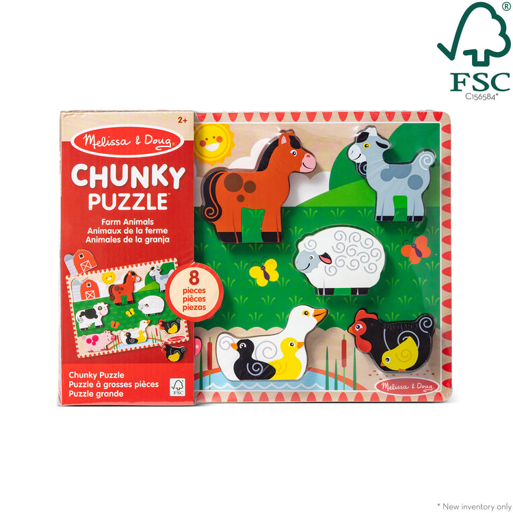 The front of the box for The Melissa & Doug Farm Wooden Chunky Puzzle (8 pcs)