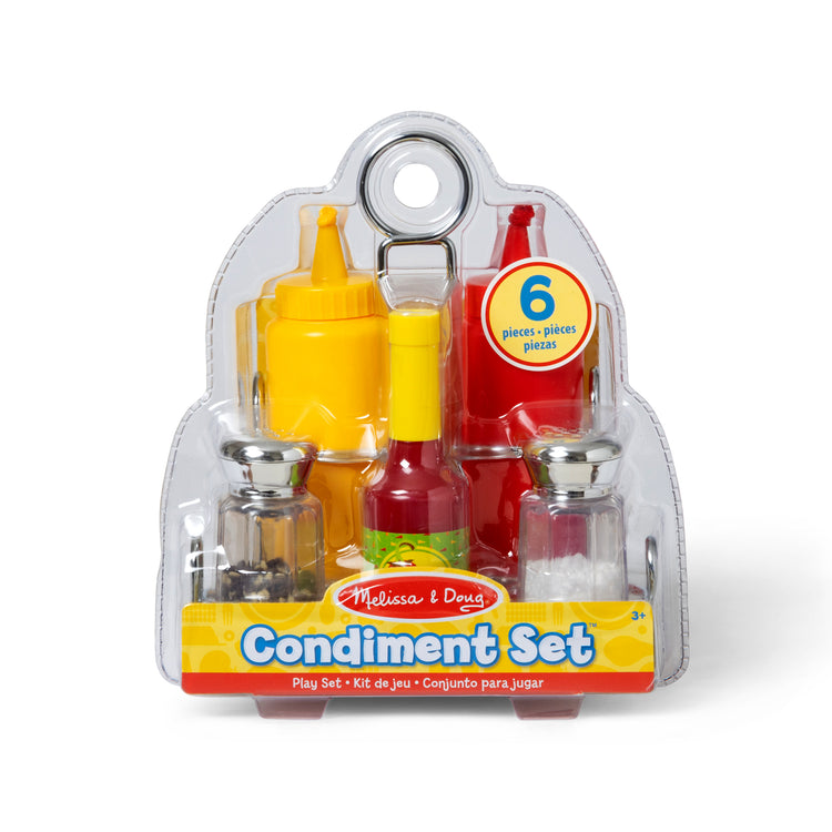 An assembled or decorated image of The Melissa & Doug Condiments Play Set (6 pcs) - Play Food, Stainless Steel Caddy