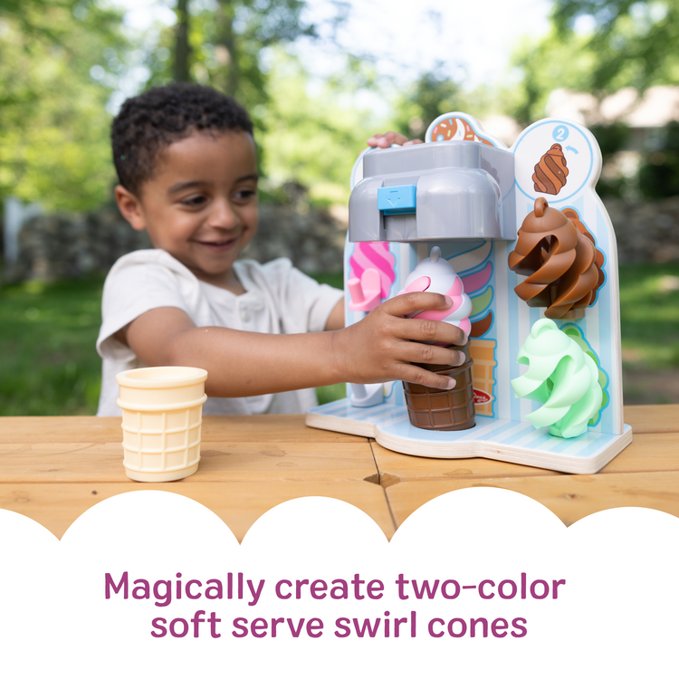 The front of the box for The Melissa & Doug Swirl and Serve Wooden Ice Cream Play Set with Dispenser and 4 Swirls - For Ages 3+
