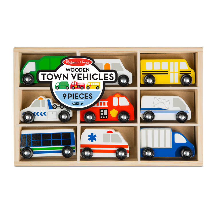 The front of the box for The Melissa & Doug Wooden Town Vehicles Set in Wooden Tray (9 pcs)