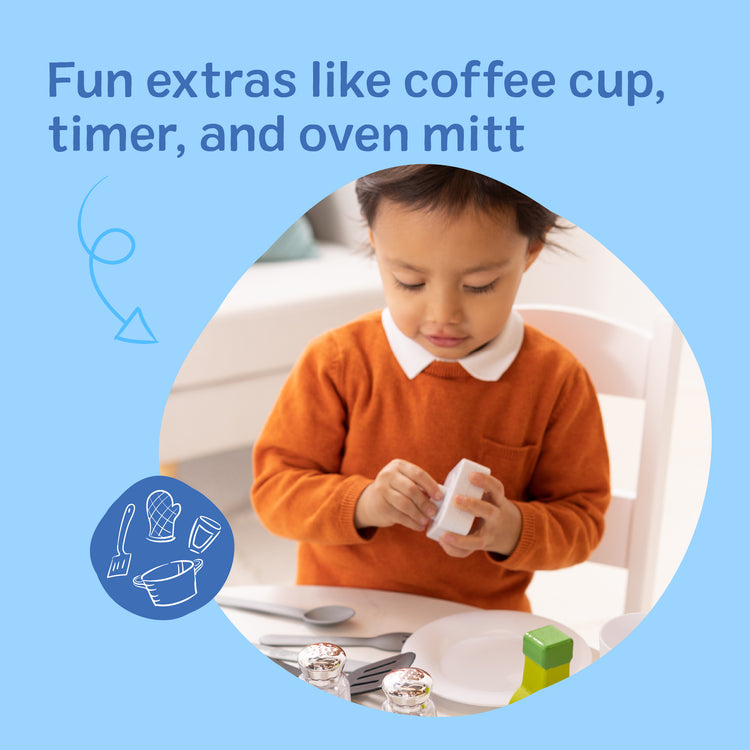 A playroom scene with The Melissa & Doug 22-Piece Play Kitchen Accessories Set - Utensils, Pot, Pans, and More