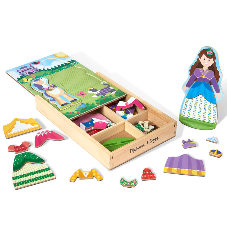 The loose pieces of The Melissa & Doug Princess & Horse Magnetic Pretend Play Wooden Dolls Pretend Play Set (35 pcs)