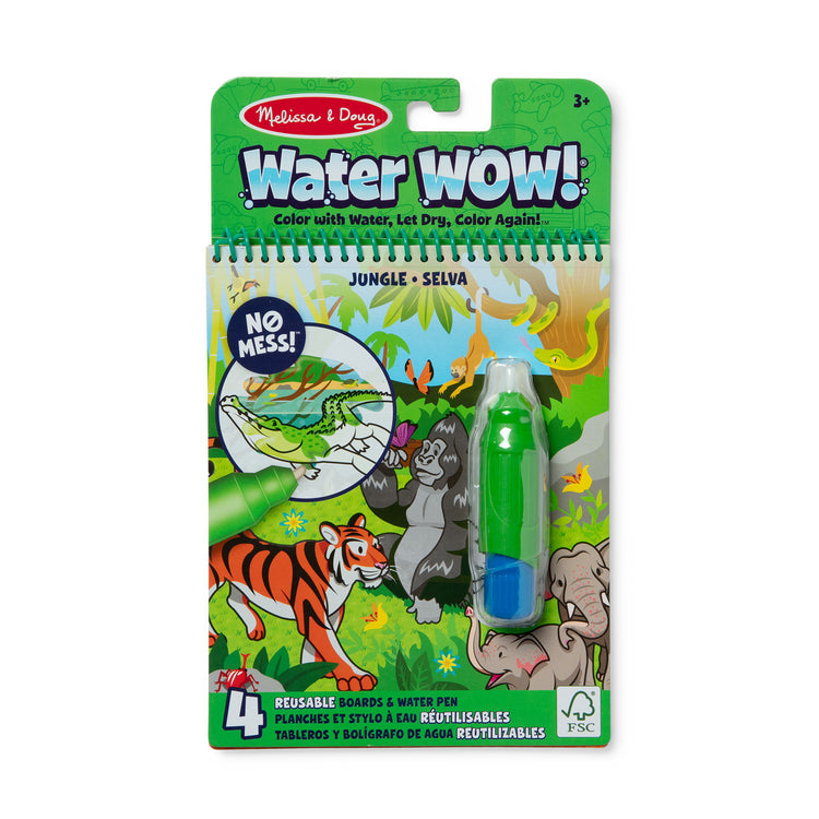 The front of the box for The Melissa & Doug On the Go Water Wow! Reusable Water-Reveal Coloring Activity Pad Travel Toy for Boys and Girls– Jungle