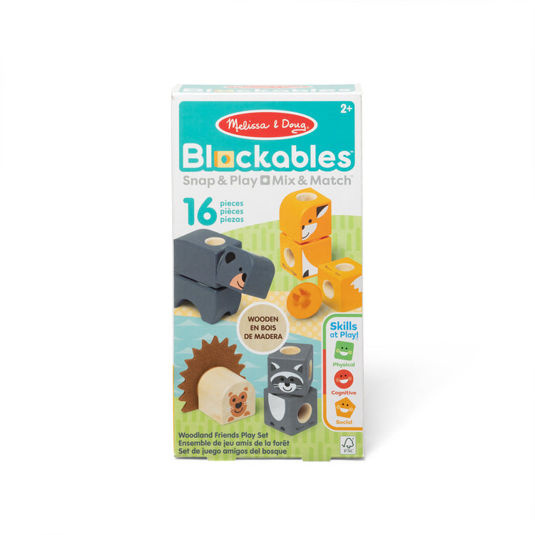 A kid playing with The Melissa & Doug Blockables™ Woodland Friends Snap And Play, Mix And Match Connectable Wooden Building Blocks Play Set Toy for Preschool Boys And Girls (16 Pcs)