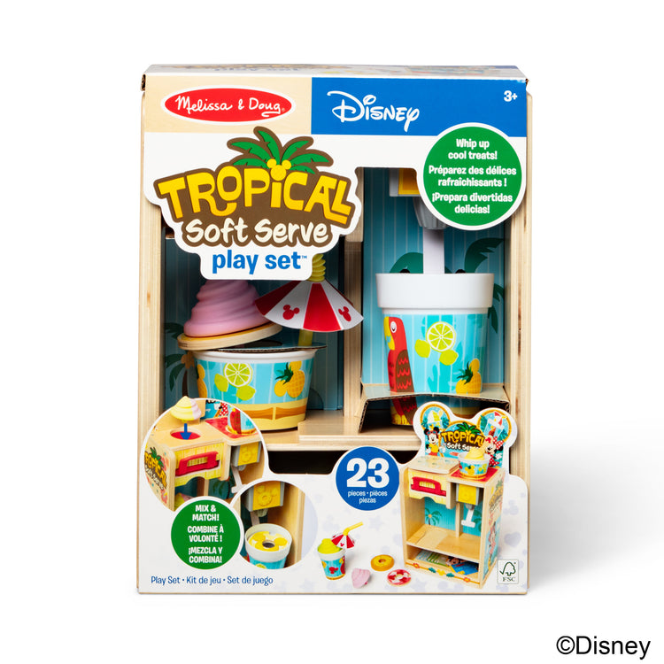 The front of the box for The Disney Tropical Soft Serve Ice Cream Wooden Play Food Set – 23 Pieces | Mickey Mouse, Minnie, Wooden Toy for Boys and for Girls 3+