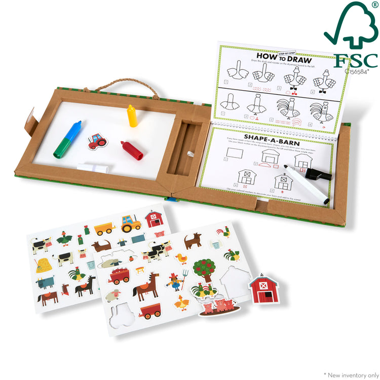 The loose pieces of The Melissa & Doug Natural Play: Play, Draw, Create Reusable Drawing & Magnet Kit – Farm (38 Magnets, 5 Dry-Erase Markers)