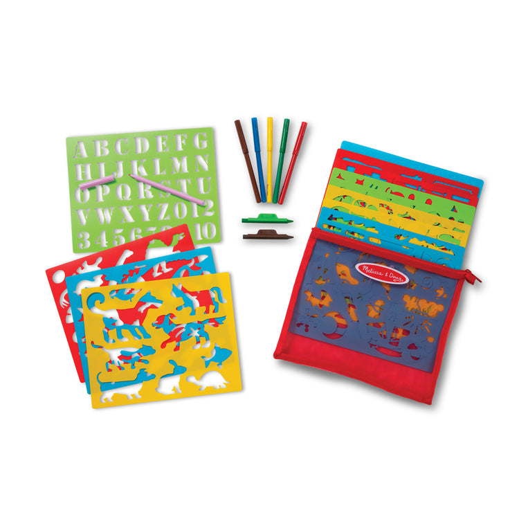 The loose pieces of The Melissa & Doug Created by Me! Stencil Art Coloring Activity Kit in Storage Pouch -- 170+ Designs, 6 Markers, 2 Crayons, Paper