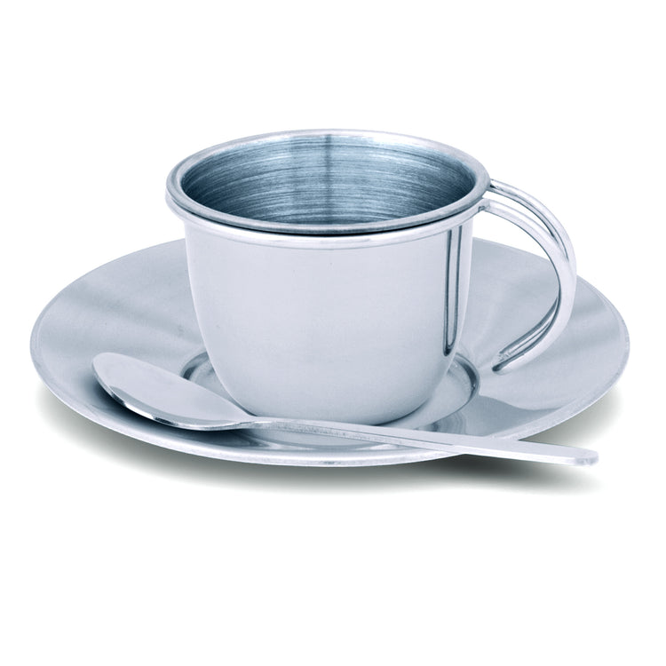 The front of the box for The Melissa & Doug Stainless Steel Pretend Play Tea Set with Storage Rack for Kids (11 pcs)