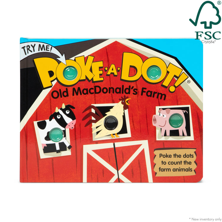The front of the box for The Melissa & Doug Children's Book - Poke-a-Dot: Old MacDonald’s Farm (Board Book with Buttons to Pop)