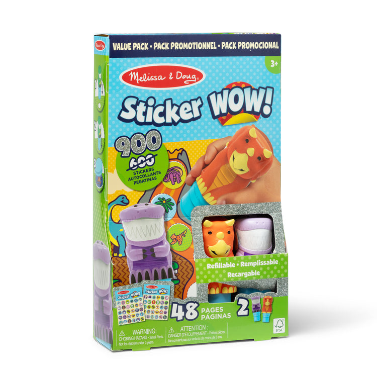 The front of the box for The Melissa & Doug Sticker Wow!™ T-Rex and Triceratops Bundle: Two 24-Page Activity Pads, 2 Sticker Stampers, 900 Stickers, Arts and Crafts Fidget Toy Collectible Characters