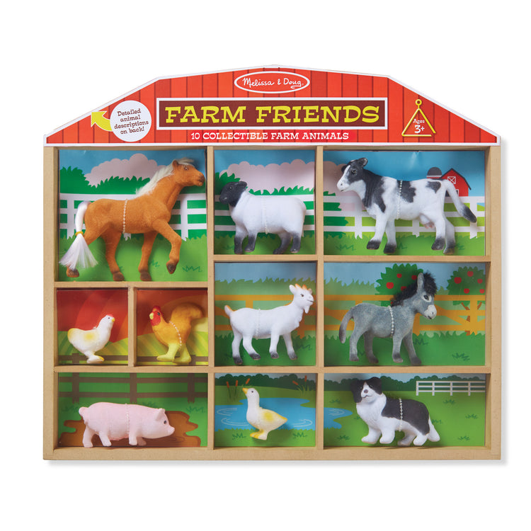 The front of the box for The Melissa & Doug Farm Friends Collectible Toy Animal Figures (10 pcs)